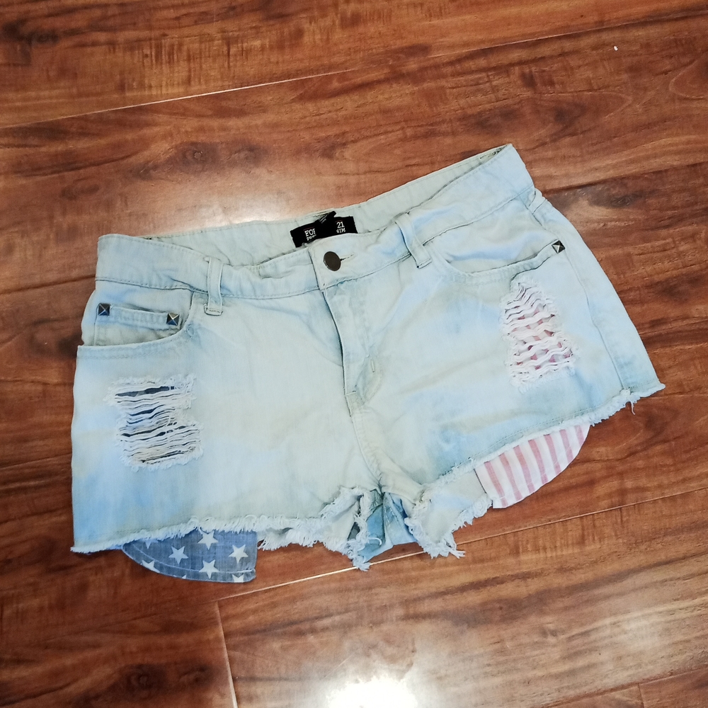 Forever 21 Premium Denim American Flag Distressed Shorts, 27